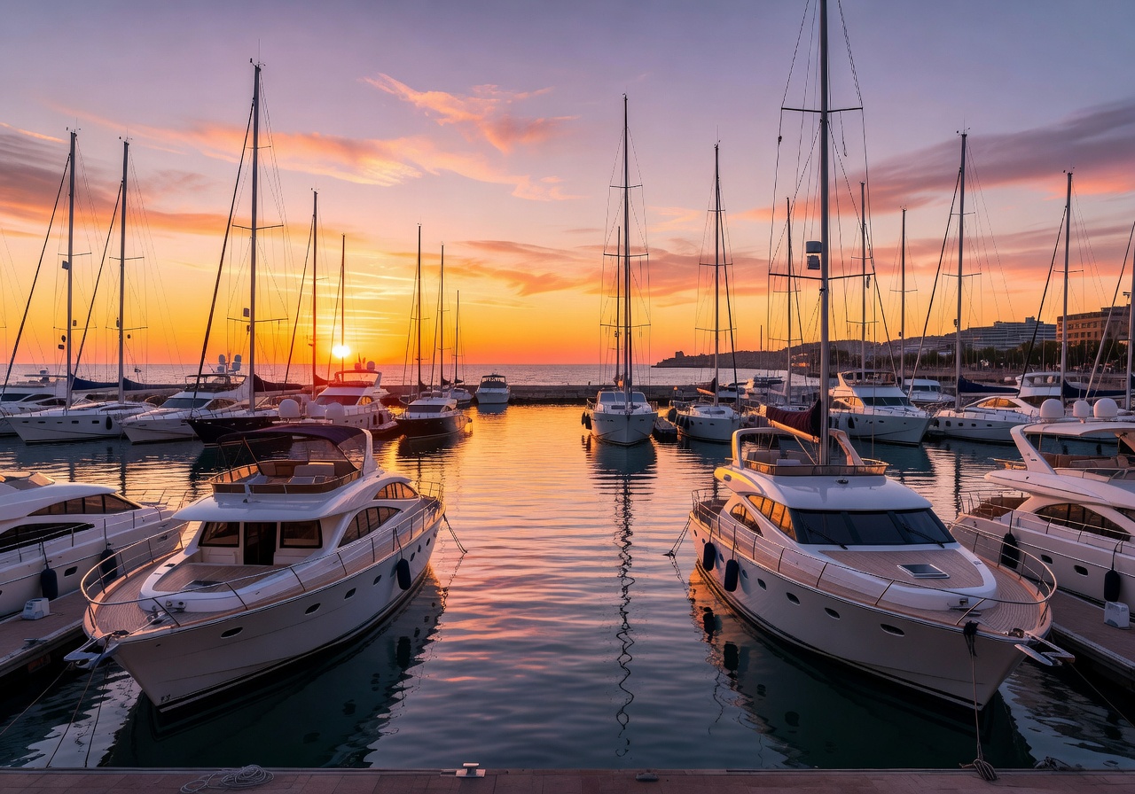 Barcelona marina yachts at sunset