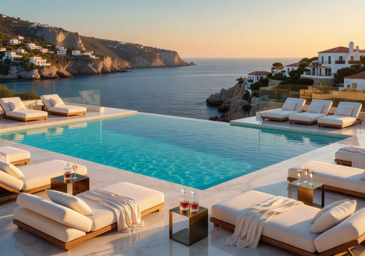 Cinematic luxury rooftop pool overlooking Mediterranean