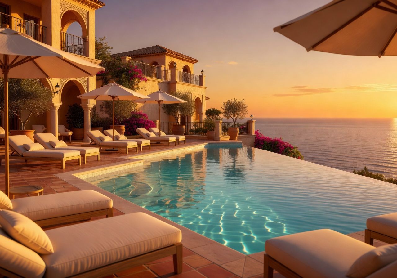 Cinematic Spain luxury resort with rooftop pool at golden hour