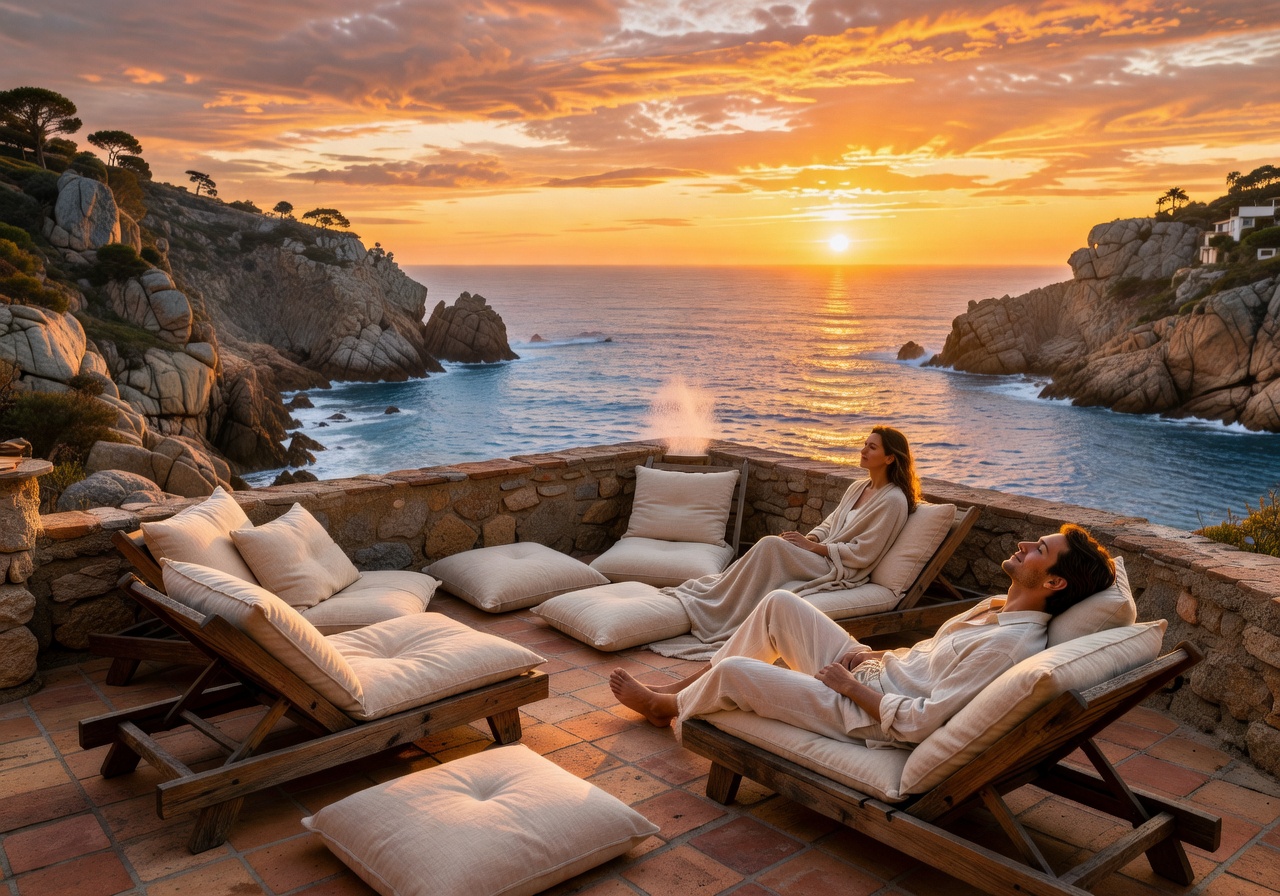 Rooftop relaxation lounge with daybeds at sunset
