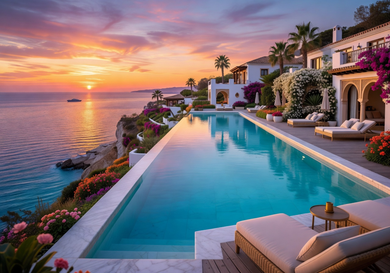 Luxury Spain coastal resort at sunset with infinity pool overlooking the Mediterranean