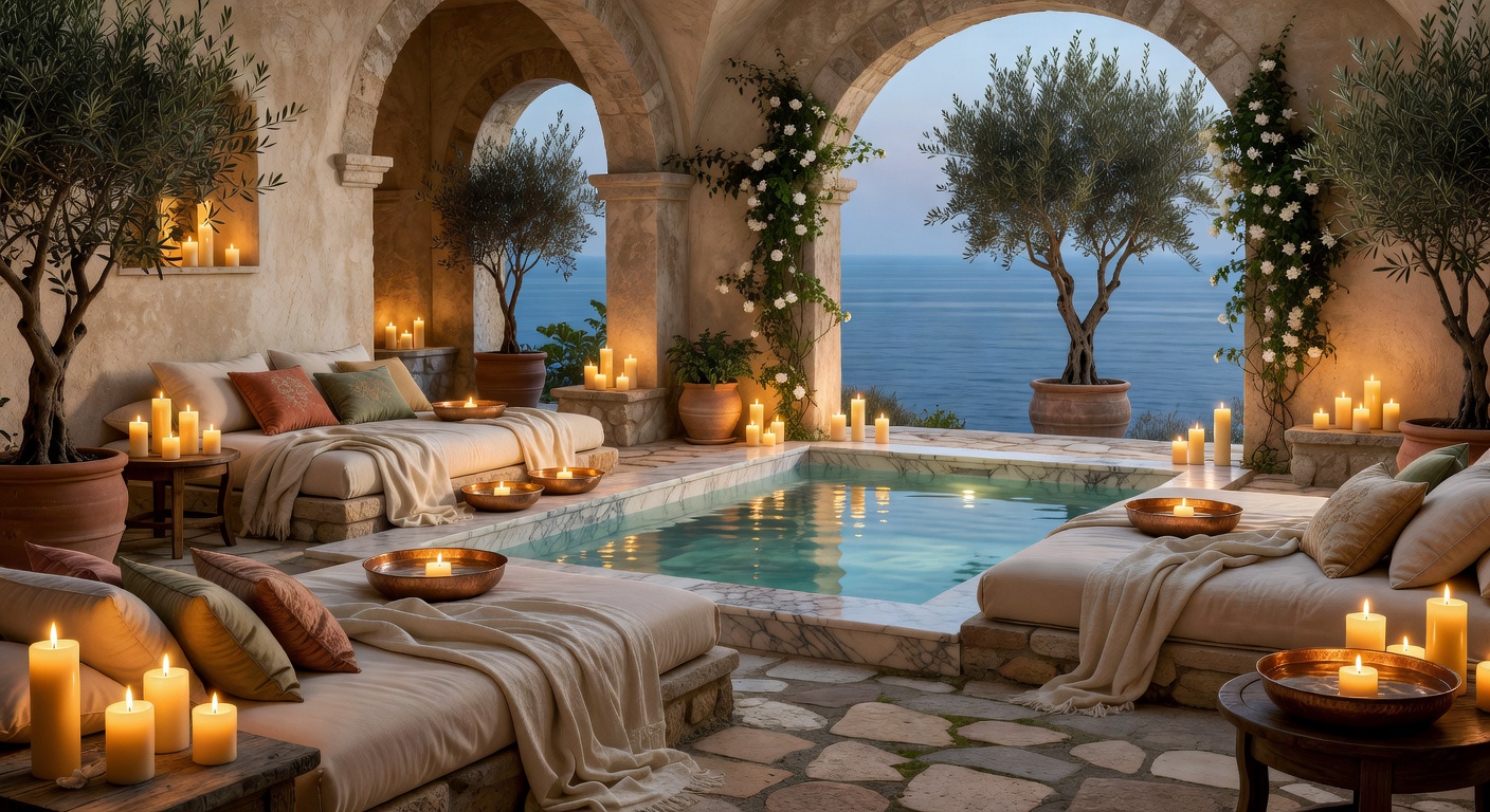 Mediterranean luxury spa candle-lit wellness sanctuary
